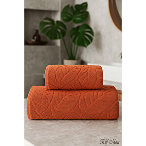 Banyo & Yüz Havlusu Seti Dokulu %100 Pamuk 90x150 + 50x90 Cm – Foliva Turuncu Turuncu