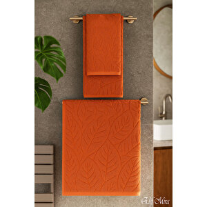 Banyo & Yüz Havlusu Seti Dokulu %100 Pamuk 90x150 + 50x90 Cm – Foliva Turuncu Turuncu