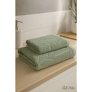 Banyo & Yüz Havlusu Seti Dokulu %100 Pamuk 90x150 + 50x90 Cm – Foliva Yeşil Koyu Yeşil