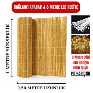 1x2.50 Metre Doğal Kamış Hasır Çit + 3 Metre Peri Led Işık + Montaj Seti - Balkon Ve Bahçe Mahremiyet Örtüsü
