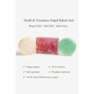 3'lü Doğal Sabun Seti  Maya, Aloe Vera, Gül Özlü - Hassas & Günlük Nazik Bakım Serisi