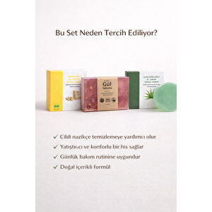 3'lü Doğal Sabun Seti  Maya, Aloe Vera, Gül Özlü - Hassas & Günlük Nazik Bakım Serisi