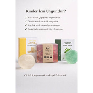 3'lü Doğal Sabun Seti  Maya, Aloe Vera, Gül Özlü - Hassas & Günlük Nazik Bakım Serisi