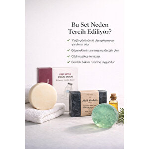 Doğal Sabun Seti 3’lü Bakım Paketi Aktif Karbon /çay Ağacı /keçi Sütlü