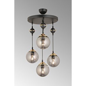 Sarkıt Tepsi Siyah 4'lü Füme Glop Top Camlı Aşağı Bakan Lüks Avize