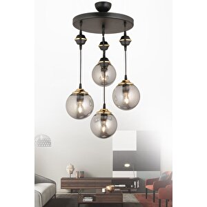 Sarkıt Tepsi Siyah 4'lü Füme Glop Top Camlı Aşağı Bakan Lüks Avize