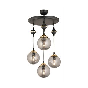 Sarkıt Tepsi Siyah 4'lü Füme Glop Top Camlı Aşağı Bakan Lüks Avize