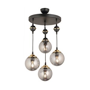 Sarkıt Tepsi Siyah 4'lü Füme Glop Top Camlı Aşağı Bakan Lüks Avize