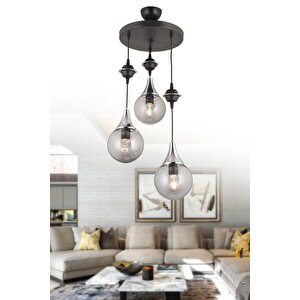 Sarkıt Tepsi Siyah 3'lü Füme Glop Top Camlı Krom Aşağı Bakan Lüks Avize