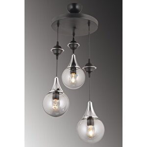 Sarkıt Tepsi Siyah 3'lü Füme Glop Top Camlı Krom Aşağı Bakan Lüks Avize