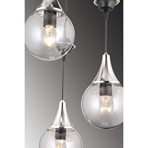 Sarkıt Tepsi Siyah 3'lü Füme Glop Top Camlı Krom Aşağı Bakan Lüks Avize