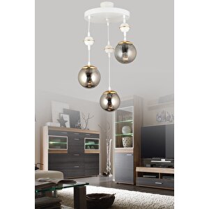 Sarkıt Tepsi Beyaz 3'lü Füme Glop Camlı Aşağı Bakan Lüks Avize