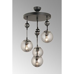 Sarkıt Tepsi Siyah 4'lü Füme Glop Top Camlı Krom Aşağı Bakan Lüks Avize