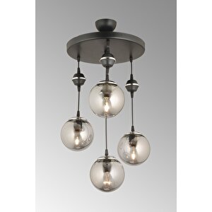 Sarkıt Tepsi Siyah 4'lü Füme Glop Top Camlı Krom Aşağı Bakan Lüks Avize