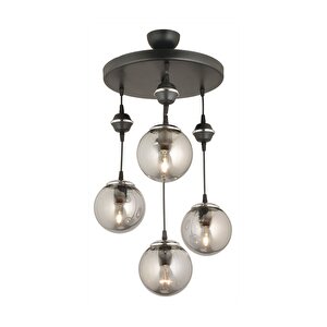 Sarkıt Tepsi Siyah 4'lü Füme Glop Top Camlı Krom Aşağı Bakan Lüks Avize