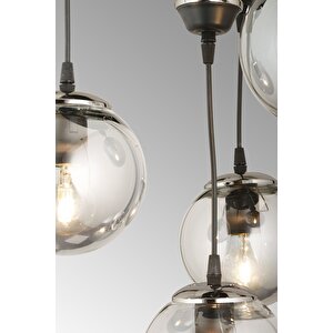 Sarkıt Tepsi Siyah 4'lü Füme Glop Top Camlı Krom Aşağı Bakan Lüks Avize