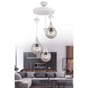 Sarkıt Tepsi Beyaz 3'lü Füme Glop Top Camlı Krom Aşağı Bakan Lüks Avize