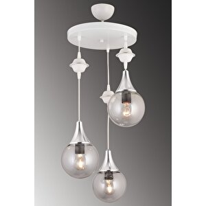 Sarkıt Tepsi Beyaz 3'lü Füme Glop Top Camlı Krom Aşağı Bakan Lüks Avize