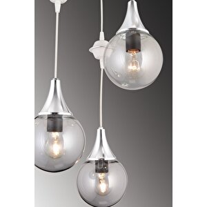 Sarkıt Tepsi Beyaz 3'lü Füme Glop Top Camlı Krom Aşağı Bakan Lüks Avize