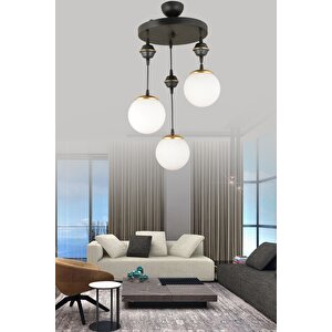 Sarkıt Tepsi Siyah 3'lü Beyaz Glop Camlı Aşağı Bakan Lüks Avize