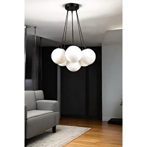 7 Li Spor Avize Siyah Kapalı Glop Beyaz Camlı 7 Li Spor Avize