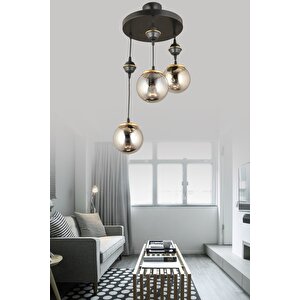 Sarkıt Tepsi Siyah 3'lü Füme Glop Camlı Aşağı Bakan Lüks Avize