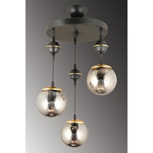 Sarkıt Tepsi Siyah 3'lü Füme Glop Camlı Aşağı Bakan Lüks Avize