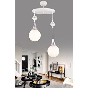 Sarkıt Tepsi Beyaz 2'li Beyaz Glop Camlı Krom Aşağı Bakan Lüks Avize