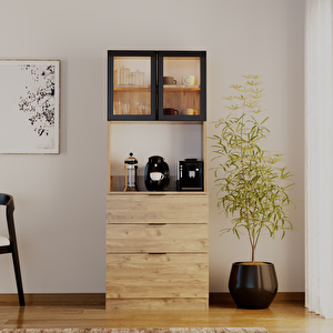 Sierra Temperli Cam Kapaklı Ledli Kahve Köşesi Mutfak Kiler Dolabı Çam