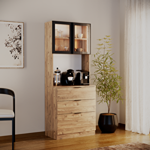 Sierra Temperli Cam Kapaklı Ledli Kahve Köşesi Mutfak Kiler Dolabı Çam