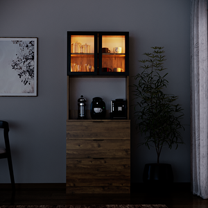 Sierra Temperli Cam Kapaklı Ledli Kahve Köşesi Mutfak Kiler Dolabı Çam