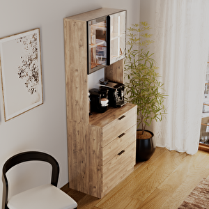 Sierra Temperli Cam Kapaklı Ledli Kahve Köşesi Mutfak Kiler Dolabı Çam