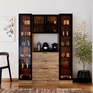 Sierra Temperli Cam 4 Kapaklı Ledli Kahve Köşesi Mutfak Kiler Dolabı Çam