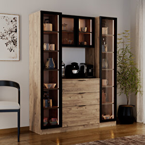 Sierra Temperli Cam 4 Kapaklı Ledli Kahve Köşesi Mutfak Kiler Dolabı Çam