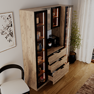 Sierra Temperli Cam 4 Kapaklı Ledli Kahve Köşesi Mutfak Kiler Dolabı Çam