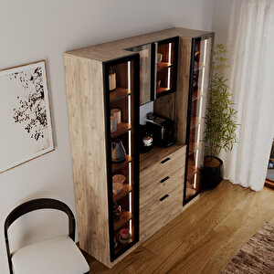 Sierra Temperli Cam 4 Kapaklı Ledli Kahve Köşesi Mutfak Kiler Dolabı Çam