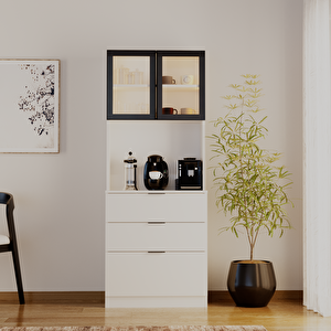 Sierra Temperli Cam Kapaklı Ledli Kahve Köşesi Mutfak Kiler Dolabı Beyaz