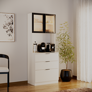 Sierra Temperli Cam Kapaklı Ledli Kahve Köşesi Mutfak Kiler Dolabı Beyaz