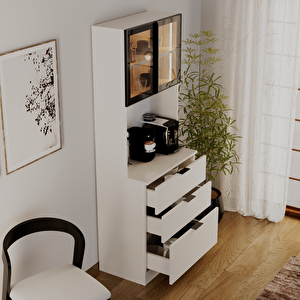 Sierra Temperli Cam Kapaklı Ledli Kahve Köşesi Mutfak Kiler Dolabı Beyaz