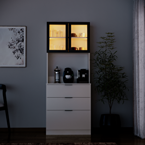 Sierra Temperli Cam Kapaklı Ledli Kahve Köşesi Mutfak Kiler Dolabı Beyaz