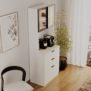 Sierra Temperli Cam Kapaklı Ledli Kahve Köşesi Mutfak Kiler Dolabı Beyaz