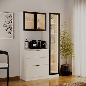 Sierra Temperli Cam 3 Kapaklı Ledli Kahve Köşesi Mutfak Kiler Dolabı Beyaz