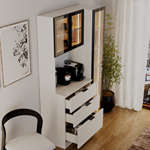 Sierra Temperli Cam 3 Kapaklı Ledli Kahve Köşesi Mutfak Kiler Dolabı Beyaz