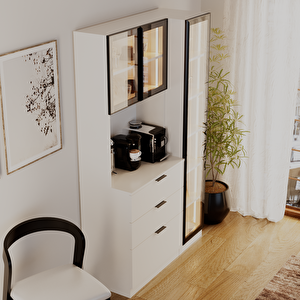 Sierra Temperli Cam 3 Kapaklı Ledli Kahve Köşesi Mutfak Kiler Dolabı Beyaz