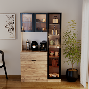 Sierra Temperli Cam 3 Kapaklı Ledli Kahve Köşesi Mutfak Kiler Dolabı Çam