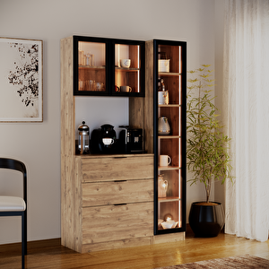 Sierra Temperli Cam 3 Kapaklı Ledli Kahve Köşesi Mutfak Kiler Dolabı Çam