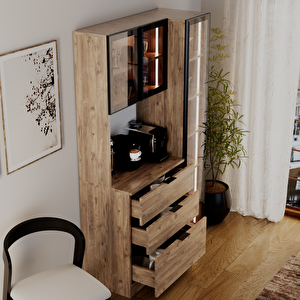 Sierra Temperli Cam 3 Kapaklı Ledli Kahve Köşesi Mutfak Kiler Dolabı Çam