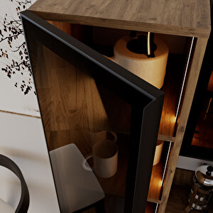 Sierra Temperli Cam 3 Kapaklı Ledli Kahve Köşesi Mutfak Kiler Dolabı Çam