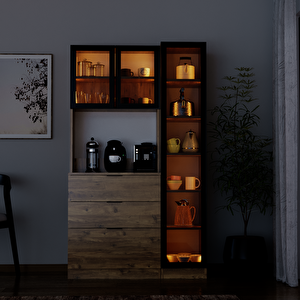 Sierra Temperli Cam 3 Kapaklı Ledli Kahve Köşesi Mutfak Kiler Dolabı Çam