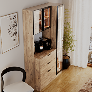 Sierra Temperli Cam 3 Kapaklı Ledli Kahve Köşesi Mutfak Kiler Dolabı Çam